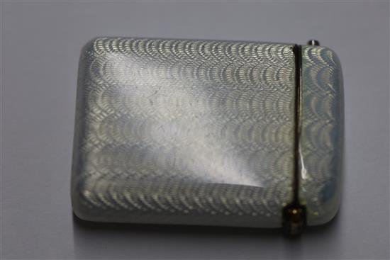 An early 20th century Faberge 88 zolotnik silver and guilloche enamel vesta case, Mikhail Yevlampievish Perchim, 42mm.